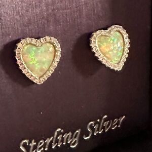 Heart opal earring in sterling silver and CZ around the edges